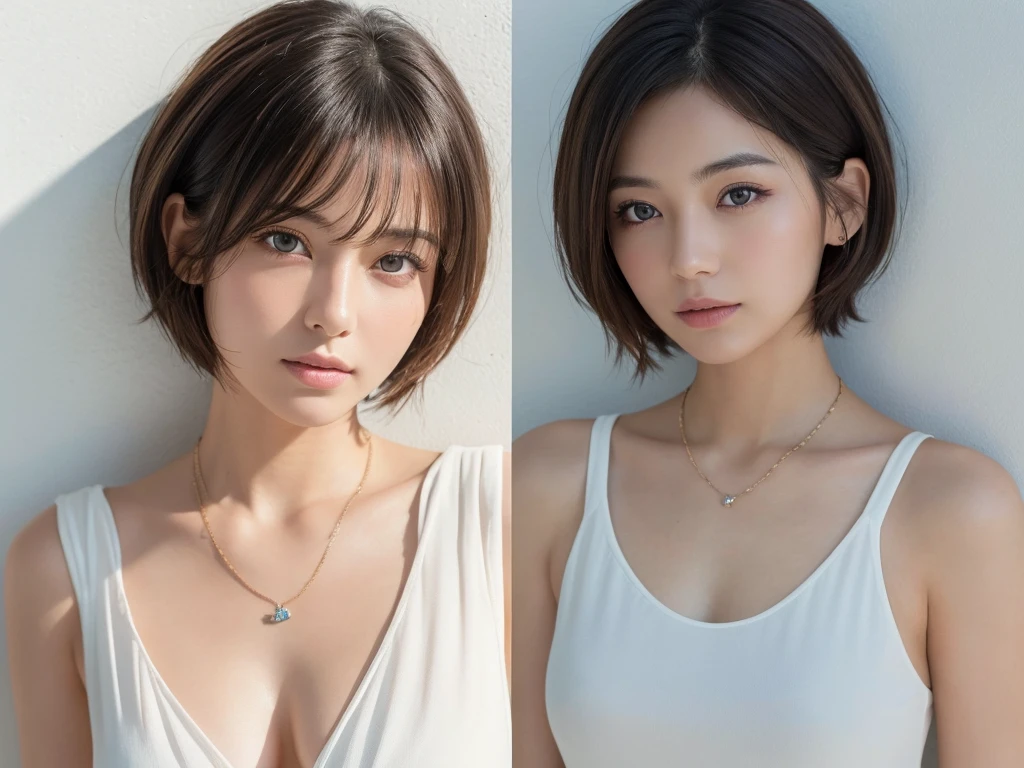 ((Highest quality, 8K, masterpiece :1.3)), 1 Girl, (Medium Short Hair :1.2),Photographed in front of a white wall、Photographed in natural light、suit、Top view、super Detailed face, Beautiful Eyes,(Highly realistic photos, High resolution, Detailed face, Beautiful Eyes)、Japanese women, Age 25, A variety of expressions, alone:1, Various Hair Styles, Casual clothing, Only one person in the photo、Photographed in natural light、Simple Necklace、Don&#39;t look at the camera、profile、Dark brown hair color