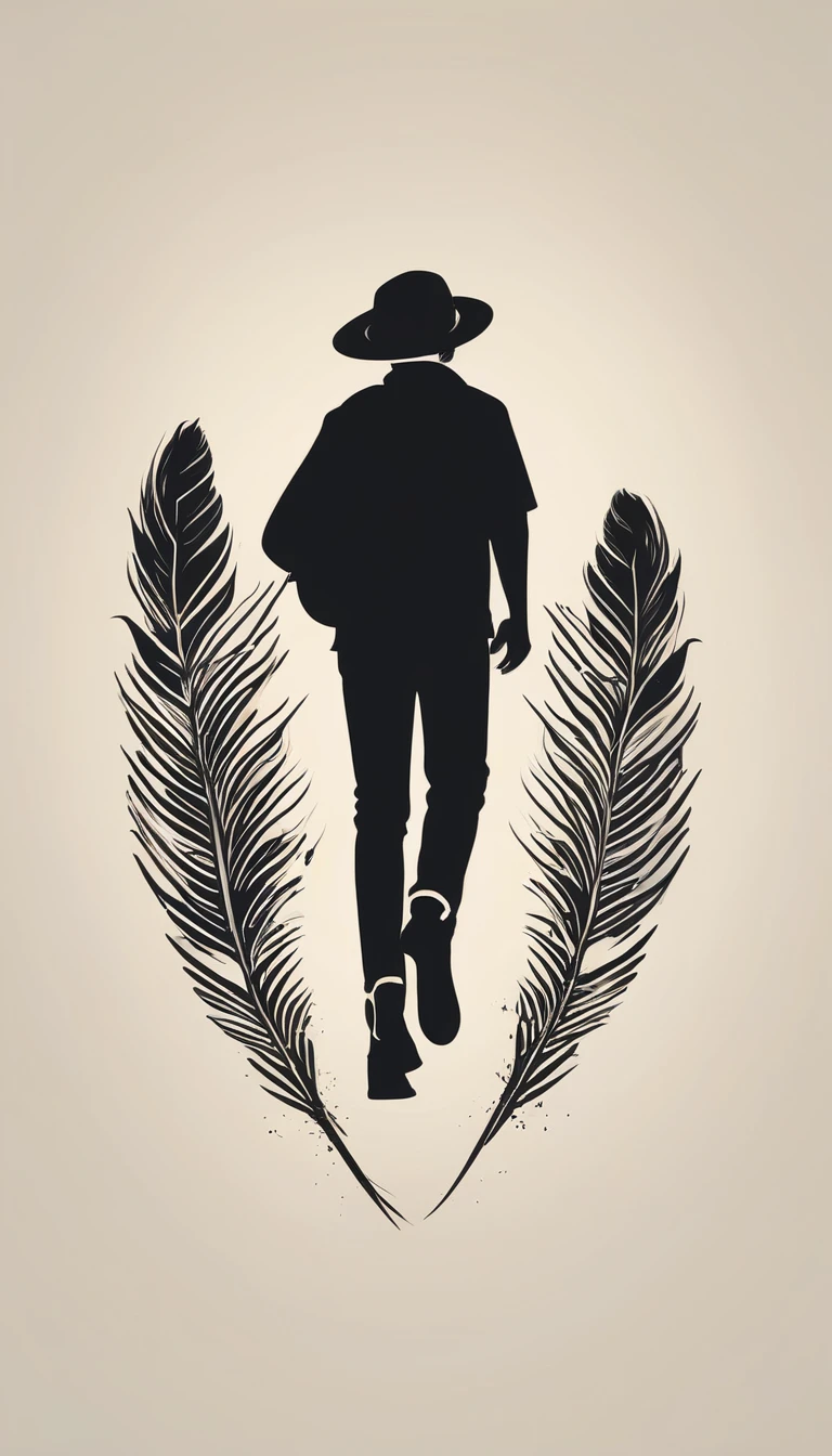 A minimal, modern, simple, cinematic, minimalistic logo design for the brand “Penamemoria". The logo design must be a simple, magical feather and a boy running and holding an acoustic guitar. The logo must convey a sense of music, stories and dreams. Logo design impressed on a book cover. Minimalistic logo
