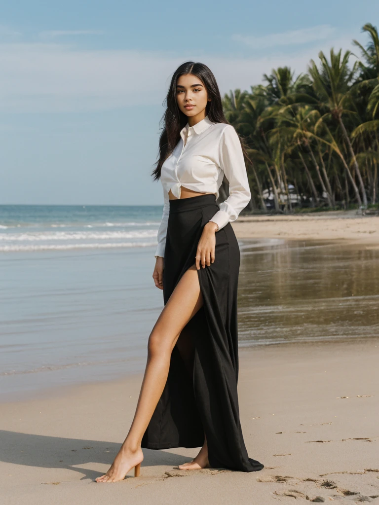 Madison Beer, her name is Jamila, high quality, 1girl, ((20-year-old fit black woman)), ((25 years old)), ((slim)), long hair, pose: standing, wearing modest classy fashionable Generation-Z modern wear ((different colored)), BACKGROUND: outside: beach cafe