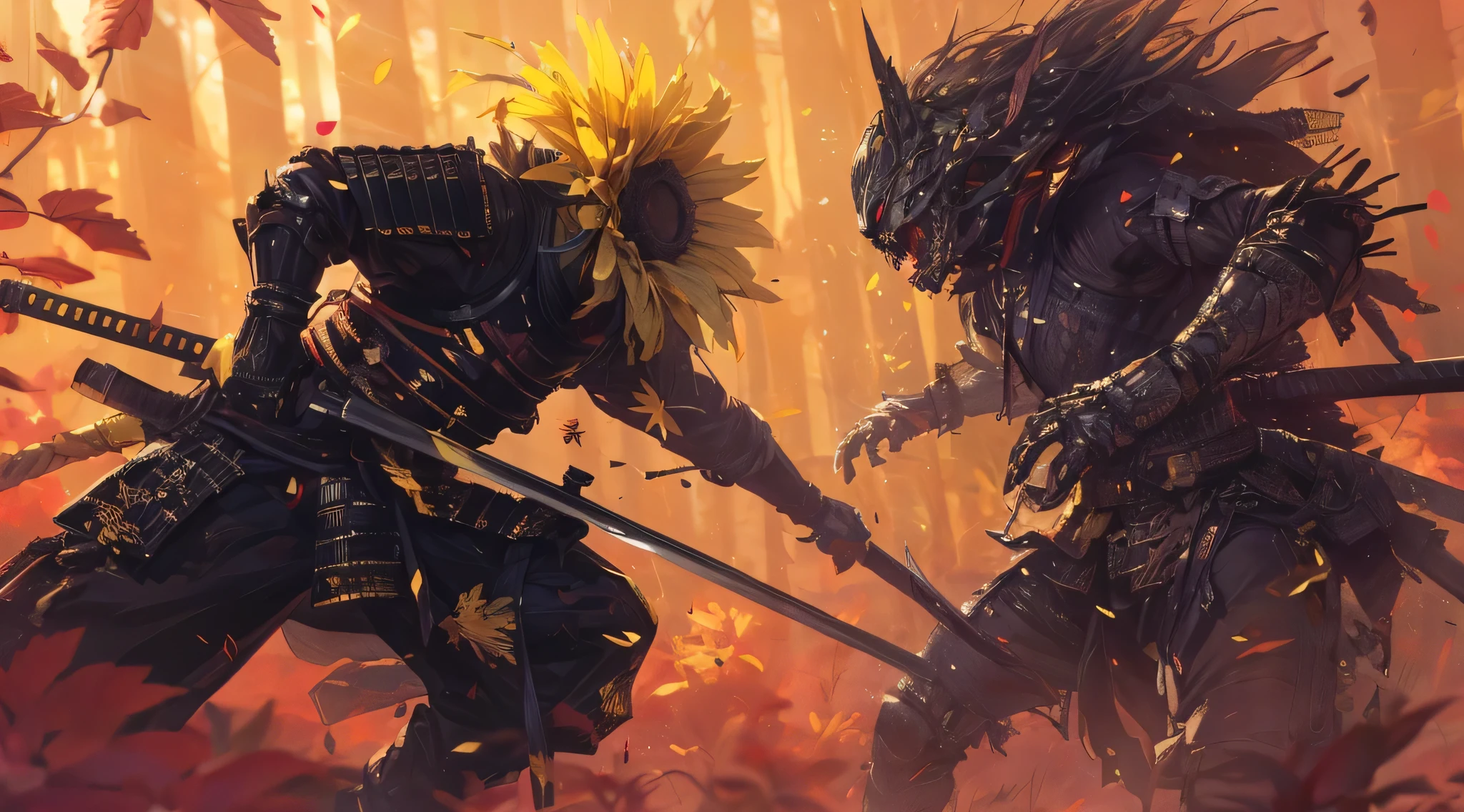 a humanoid sunflower samurai, a zombie ninja, intense combat, 2 fighters, cinematic, anime realism, (best quality,4k,8k,highres,masterpiece:1.2),ultra-detailed,(realistic,photorealistic,photo-realistic:1.37),detailed and intricate character designs, dramatic lighting, vibrant colors, dynamic poses, epic battle scene, cinematic camera angles, highly detailed textures, lush organic environments, moody and atmospheric