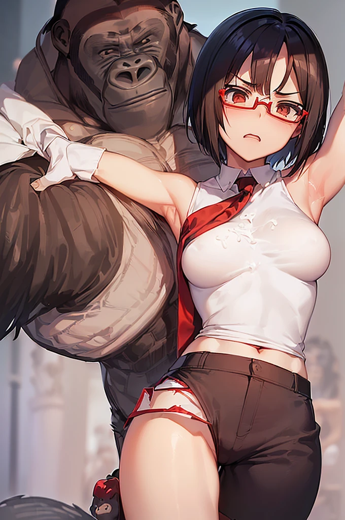 masterpiece, best quality,anime style, 1 girl,(((slender body))), (((small breast))),(((hot pants, white tanktop,red tie,glasses))),(((((a gorilla man grabbing the girl))))), ((((restrained, arms behind back)))),((((cum)))), (beautiful face), (((short hair))), (((straight hair))), ((((black hair)))),detailed beautiful skin, (perfect hands, perfect anatomy)