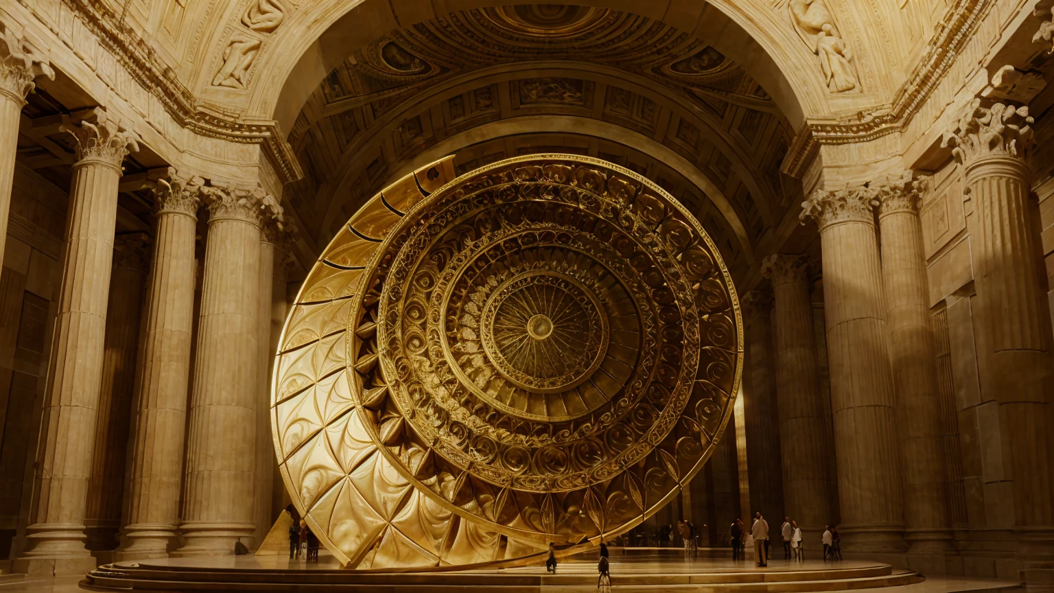 A scene showcasing the golden ratio in nature and art. A nautilus shell and a sunflower spiral morphing into famous architectural structures like the Parthenon and paintings by Leonardo da Vinci. The ratio is highlighted with golden spirals and grids overlaying the images, illustrating the harmony and beauty created by the golden ratio.