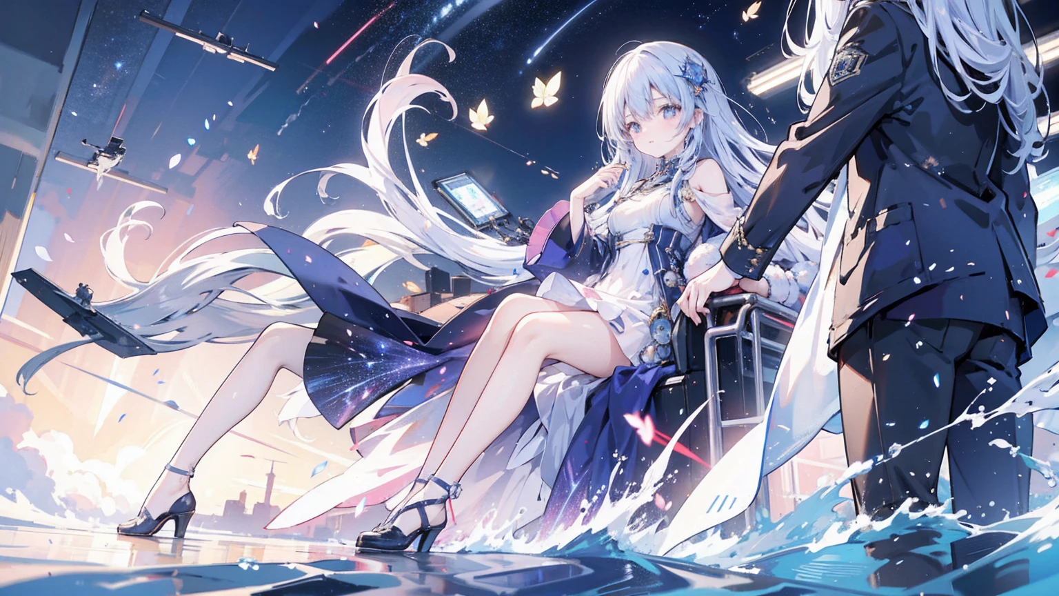 two girls，two girls，two girls，倾盆big雨，Gorgeous high heels，under water，catch，Official fine art，masterpiece，sharp focus，Nice high ponytail hairstyle，Delicate and beautiful eyes and face，realistically，Super detailed，a beautiful girl，blue sky，发光的white色颗粒,(Side seams:1.2),landscape,long, straight hair, sexy facial expression, buliding, (overlooking the city:1.7), dynamic hair, , black long socks, 皮肤苍white, hair accessories, 史诗般的landscape,at midnight，masterpiece的, best quality,shoulder, white, Headband, big,Gorgeous high heels，under water，catch，Official fine art，masterpiece，sharp focus，long, straight hair，Delicate and beautiful eyes and face，realistically，Super detailed，a beautiful girl，blue sky，发光的white色颗粒,(Side seams:1.2),Sunlight,white云,Detailed cloud,elongated,Cute giant buttocks,Toothy smile,((smile and open your eyes)),landscape,long, straight hair, sexy facial expression, buliding, (overlooking the city:1.7), dynamic hair, long, straight hair, 精致的white金粉色头发, Luminous blue Eyelue pleated shirt+white色礼服), long white socks, 皮肤苍white, hair accessories, 史诗般的landscape,at midnight，masterpiece的, best quality,shoulder, white, Headband, big,