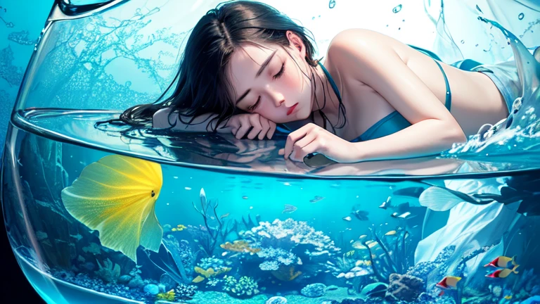 A girl trapped in a large bottle is sleeping on her bed, Aquarium Research Laboratory, colorful, ((Realistic, masterpiece, high quality, 8K, High resolution:1.3)), One girl, alone, Highly detailed CG, (figure:0.6),In the sea、Blue and dark、Sleep well、There are air bubbles、