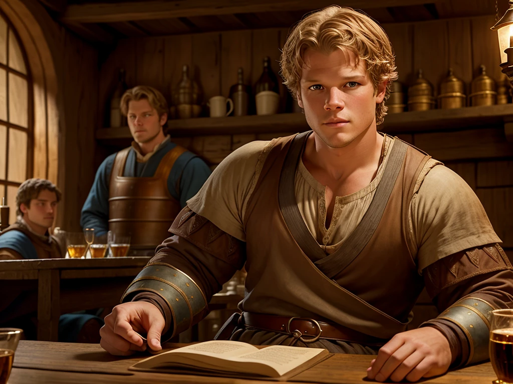 Christopher Egan as a handsome medieval knight sits at a table in a tavern, in front of him is a fat, obsequious innkeeper