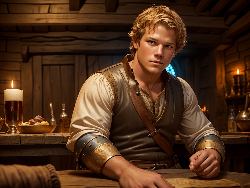 Christopher Egan as a handsome medieval knight sits at a table in a tavern, in front of him is a fat, obsequious innkeeper