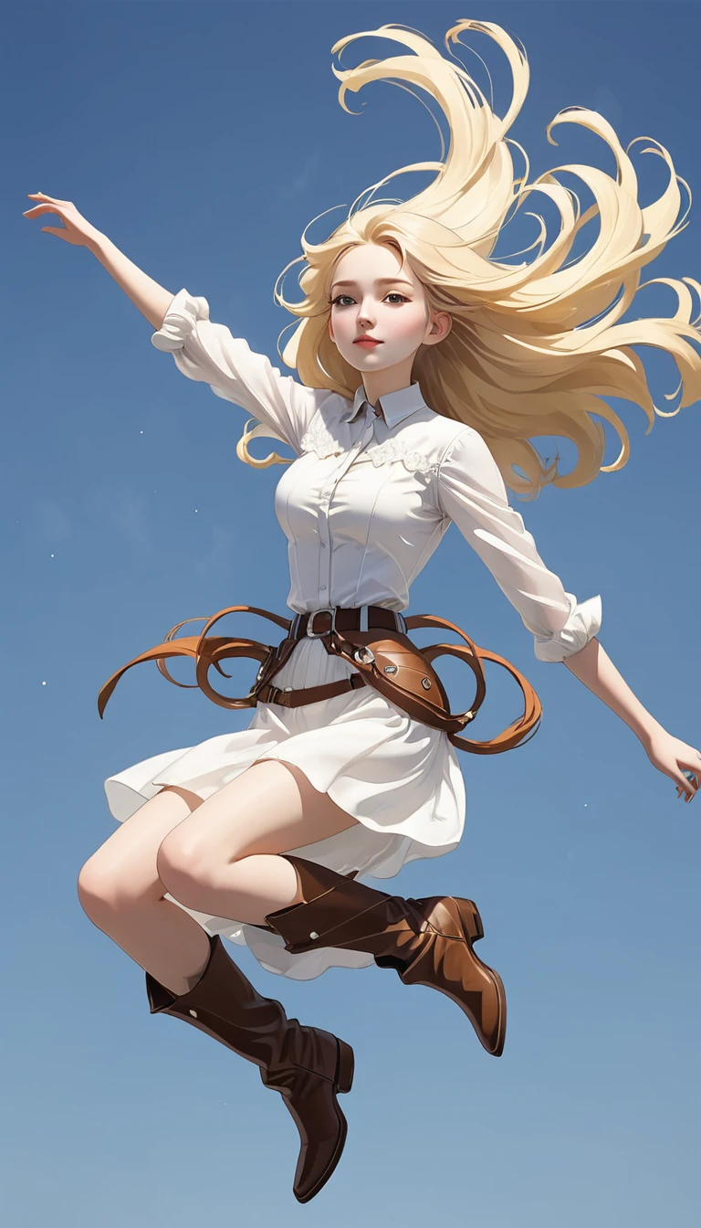 monochromatic、22 years old、woman、Moderate bust、Simple Background、solo、slender、1 person、Superpowers、Small parts floating in the air、Blonde、Long Hair、Floating in the air、Cowboy Style