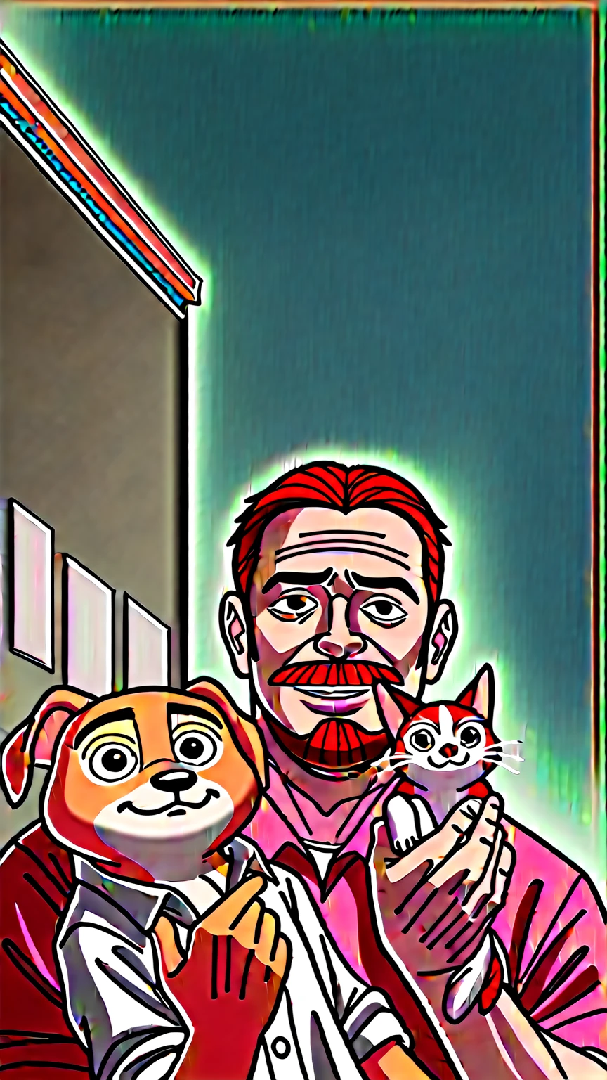 There is a ager (around 16 yppy man holding a dog and a cat in his arms, with dogs, very low quality image, with your hyperactive puppy, with two characters, foto perfil, professional foto, profile pic, selfie of a dog, headshot foto perfil, paws on head, profile image ( make an image from the film inspired by Disney Pixar with The scene should follow the artistic style similar to Pixar, focusing on the characters' expressions, swirly vibrant colors, Detailed textures and features of your animations.
