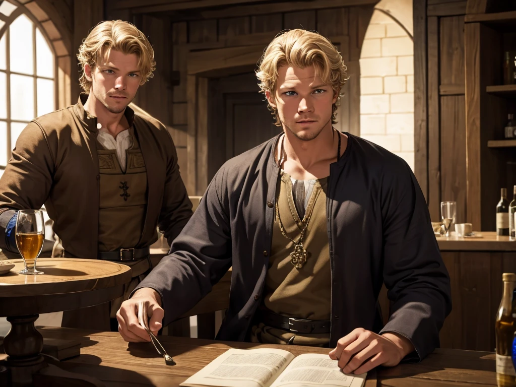 Christopher Egan as a handsome medieval knight sits at a table in a tavern, in front of him is a fat, obsequious innkeeper