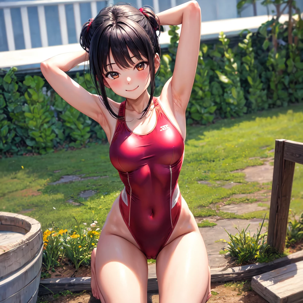 (masterpiece, best quality:1.2), cowboy shot, solo, 1girl, yaorozu momo, smile, closed mouth, look at the viewer, hands behind the head, squats, legs spread, red swimsuit