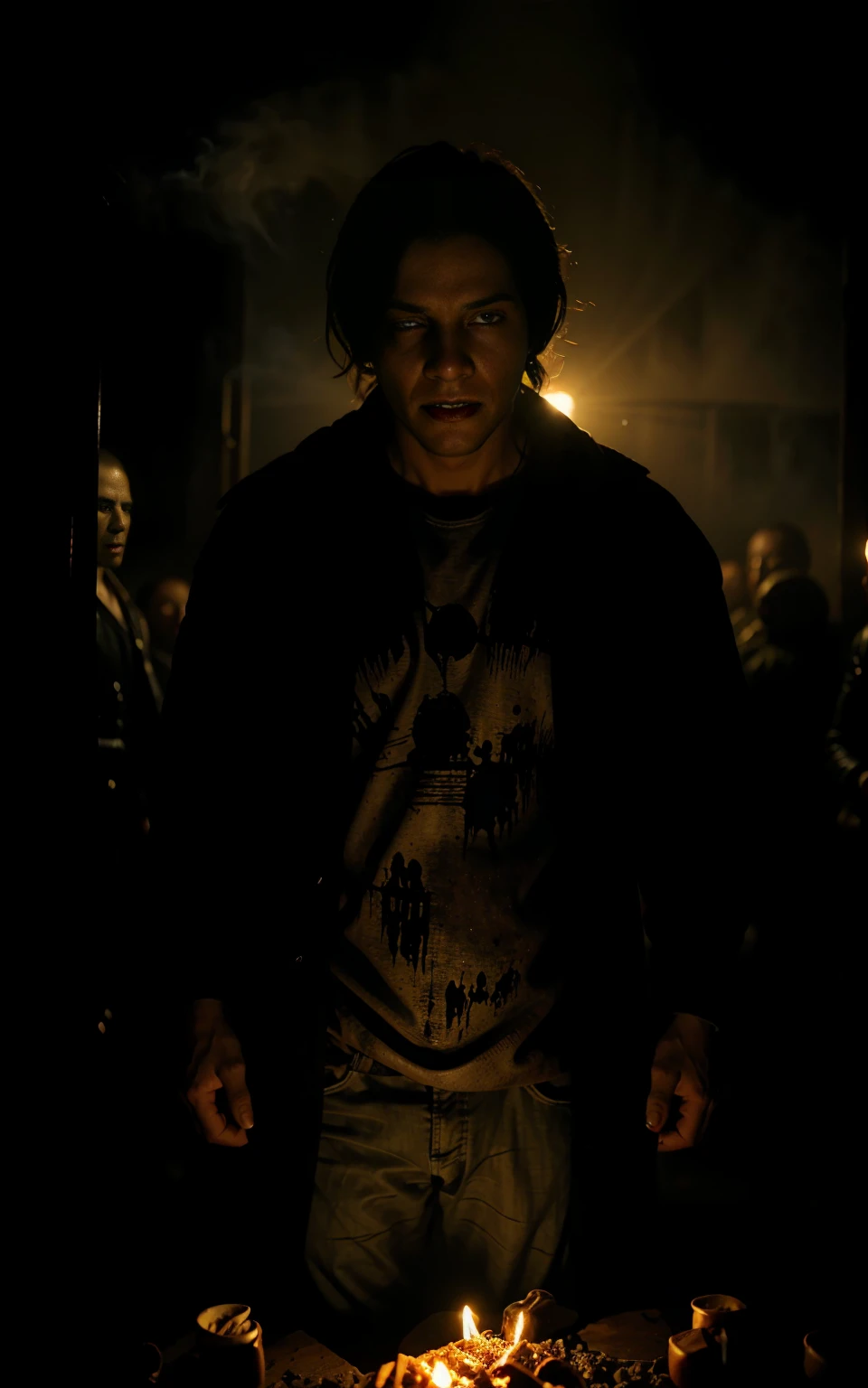 'Oscar-winning special effects and cinematic photography from a horror film, a first-person view of terrifying zombies. Dramatic lighting, graves, smoke.'