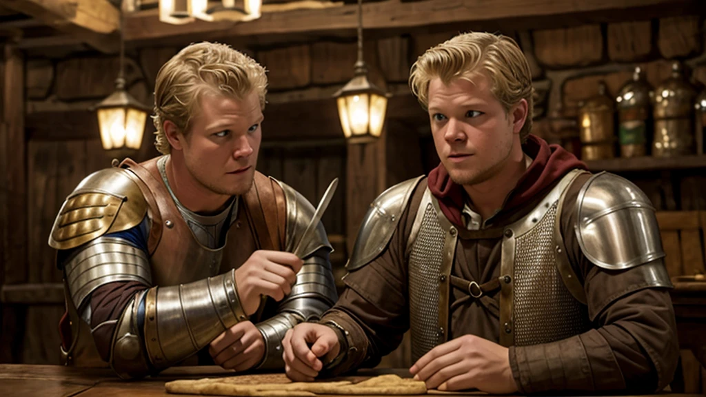 Christopher Egan as a handsome medieval knight sits at a table in a tavern, in front of him is a fat, obsequious innkeeper