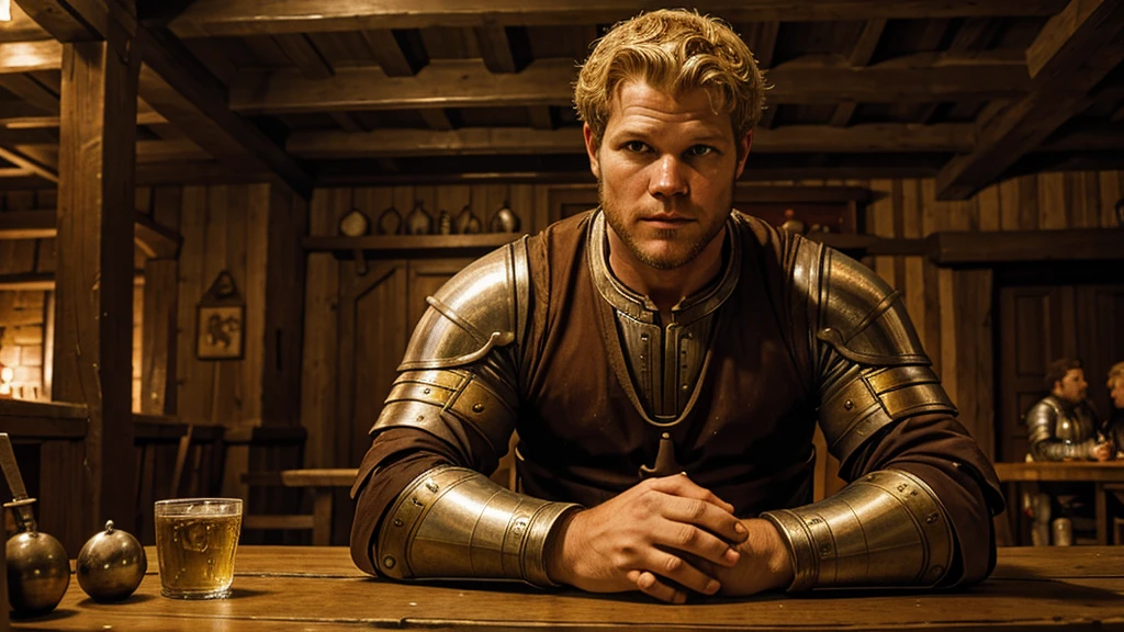 Christopher Egan as a handsome medieval knight sits at a table in a tavern, in front of him is a fat, obsequious innkeeper