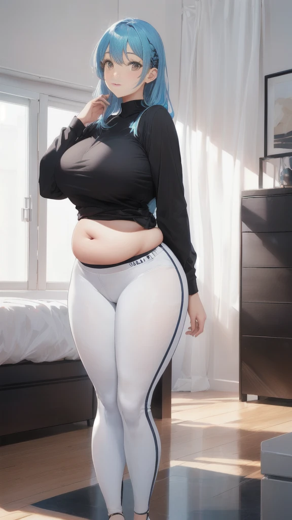 there is a woman with blue hair and a black top posing, thicc, hyperrealistic full figure, she has a jiggly fat round belly, , commission for high res, thick body, highly detailed full body, character is in her natural pose, photorealistic full body, sona is a slender, 2 b, 2b