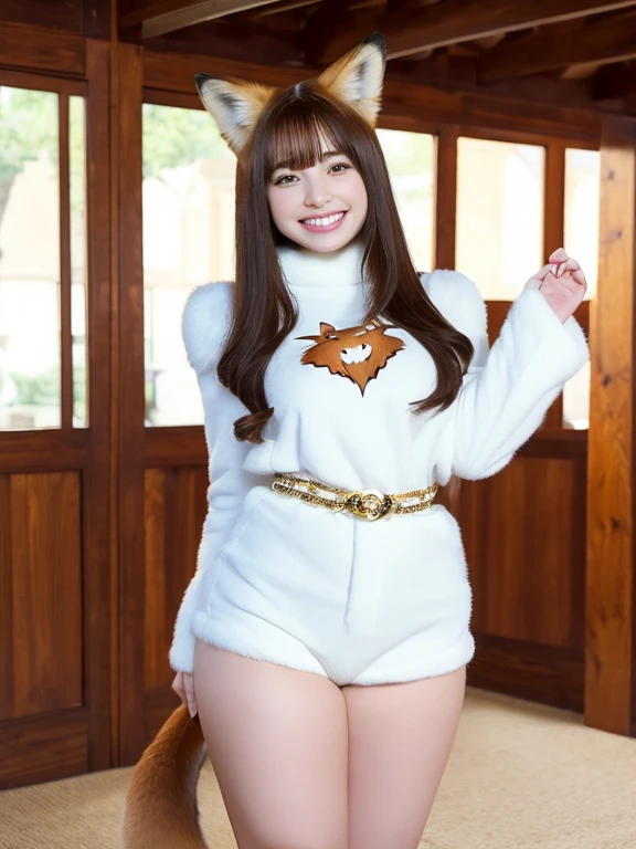 ((best quality)), ((masterpiece)), (detailed), perfect face, fox lady, pretty woman, public, A tail is growing, She has a fluffy tail, She has a fox tail, She wags her tail, smile, fur collar, She only has one tail, Thick thighs, Smiling with teeth showing, Her thighs are thick