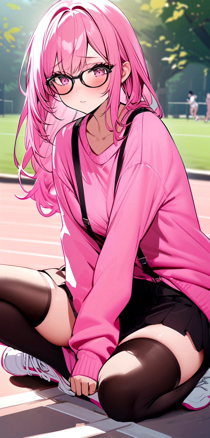 pink hair, black glasses, pink eyes, extremely blushing, a big pink sweater, a short black skirt with suspenders, some running around the waist, black stockings, white tennis shoes, a reserved girl who is sitting in a park