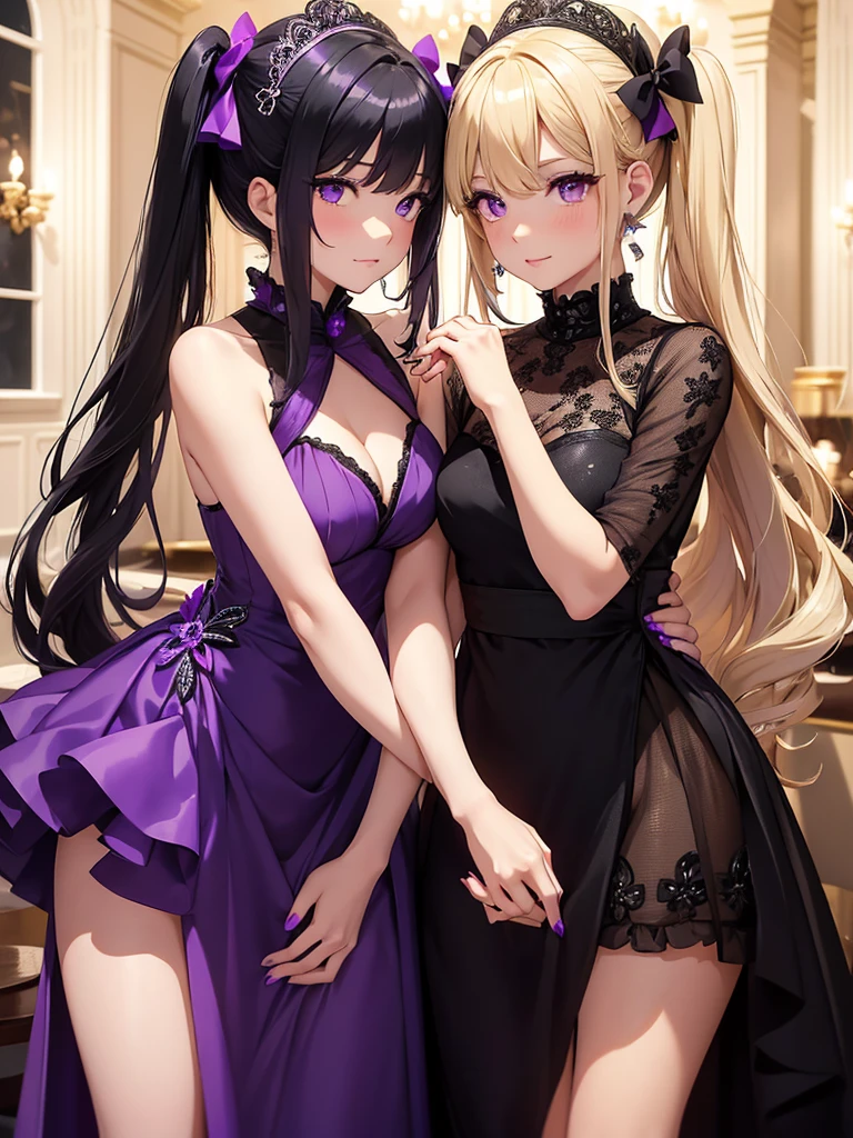 Two adult girls, one is blonde with two pigtails of purple bows, She wears a shiny purple gala dress with decorations and diamonds, Her eyes are blue and she is next to another girl with black hair., loose hip length hair, black eyes and bright and stunning blue gala dress, They are at an expensive dinner tonight, holding hands in a romantic atmosphere 