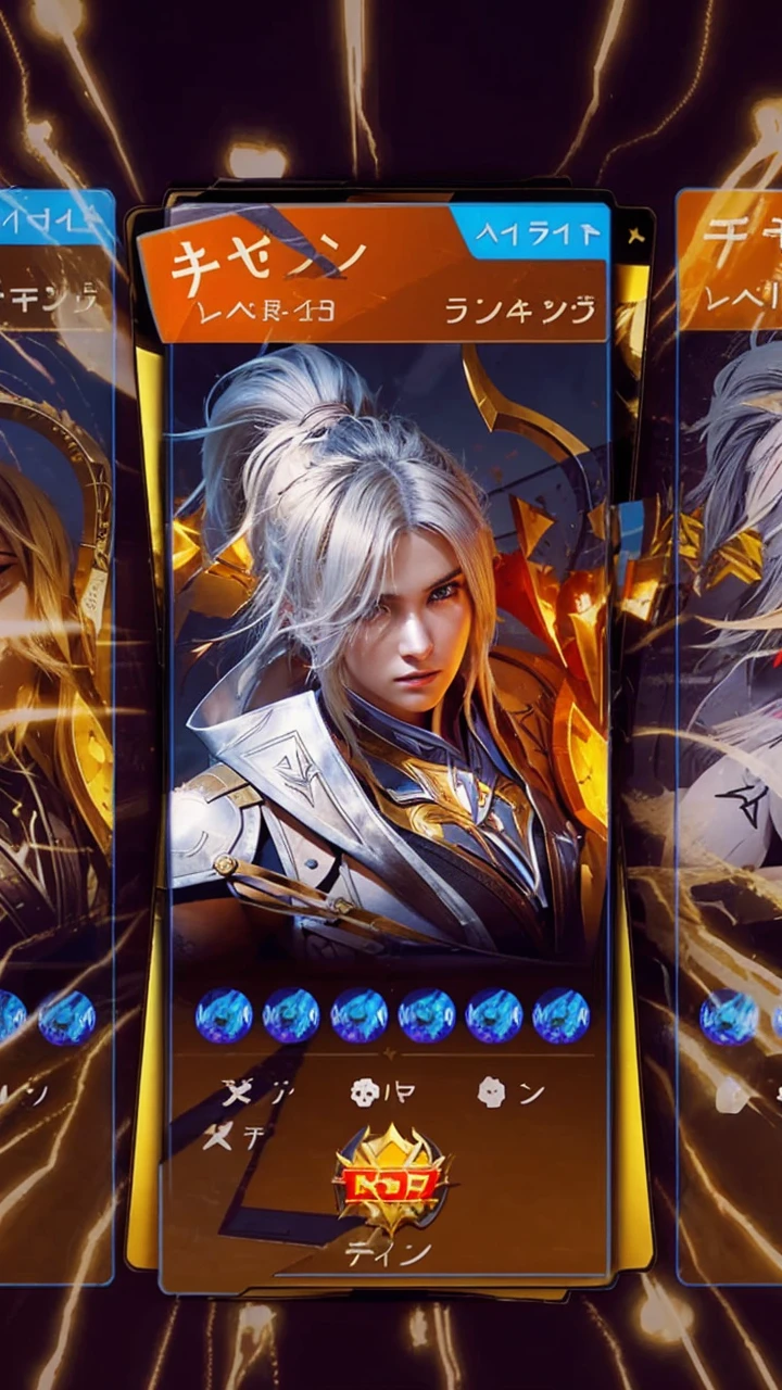 The image displays a character from a game, with a stylized depiction of a blonde-haired female warrior, likely a heroine or a prominent character, with an emblem on her chest, surrounded by various icons and numbers, suggesting in-game currency or points.
