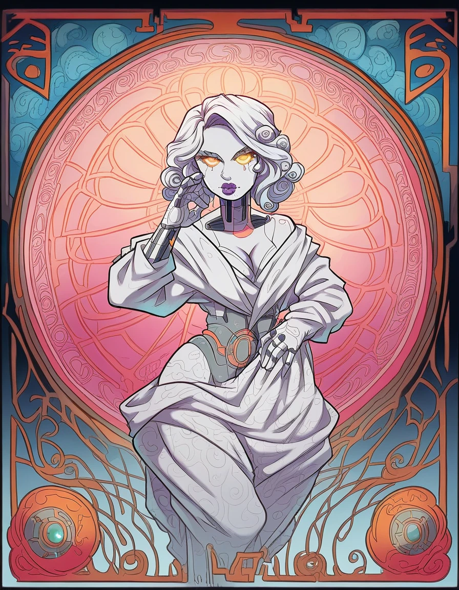 high quality, detailed, intricate, photorealistic, digital art, art nouveau, art deco, futuristic, astronaut, woman, beautiful, alluring, busty, elegant, ornate, intricate details, glowing skin, expressive eyes, lush lips, flowing hair, futuristic technology, gilded accents, metallic elements, dynamic pose, dramatic lighting, vibrant colors, cinematic composition