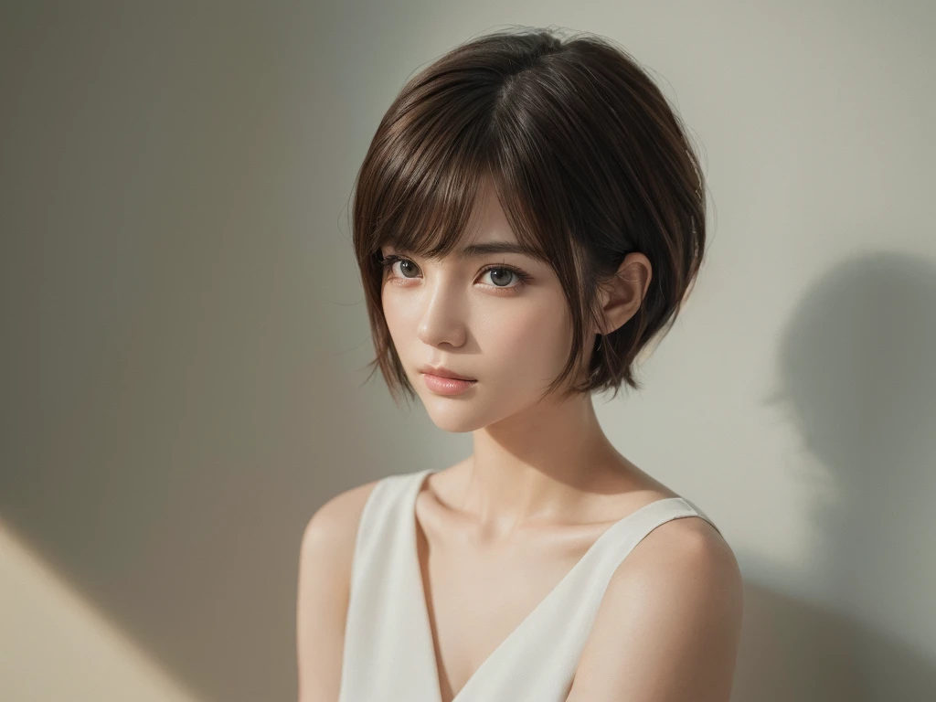 ((Highest quality, 8K, masterpiece :1.3)), 1 Girl, (Medium Short Hair :1.2),Photographed in front of a white wall、Photographed in natural light、Wearing a women's suit、Top view、super Detailed face, Beautiful Eyes,(Highly realistic photos, High resolution, Detailed face, Beautiful Eyes)、Japanese women, Age 25, A variety of expressions, alone:1, Various Hair Styles, Only one person in the photo、Photographed in natural light、Don't look at the camera、profile、Dark brown hair color