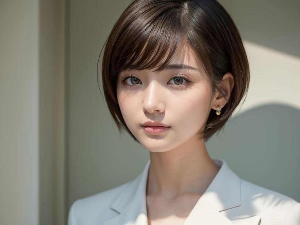 ((Highest quality, 8K, masterpiece :1.3)), 1 Girl, (Medium Short Hair :1.2),Photographed in front of a white wall、Photographed in natural light、Wearing a women's suit、Top view、super Detailed face, Beautiful Eyes,(Highly realistic photos, High resolution, Detailed face, Beautiful Eyes)、Japanese women, Age 25, A variety of expressions, alone:1, Various Hair Styles, Only one person in the photo、Photographed in natural light、Don't look at the camera、profile、Dark brown hair color