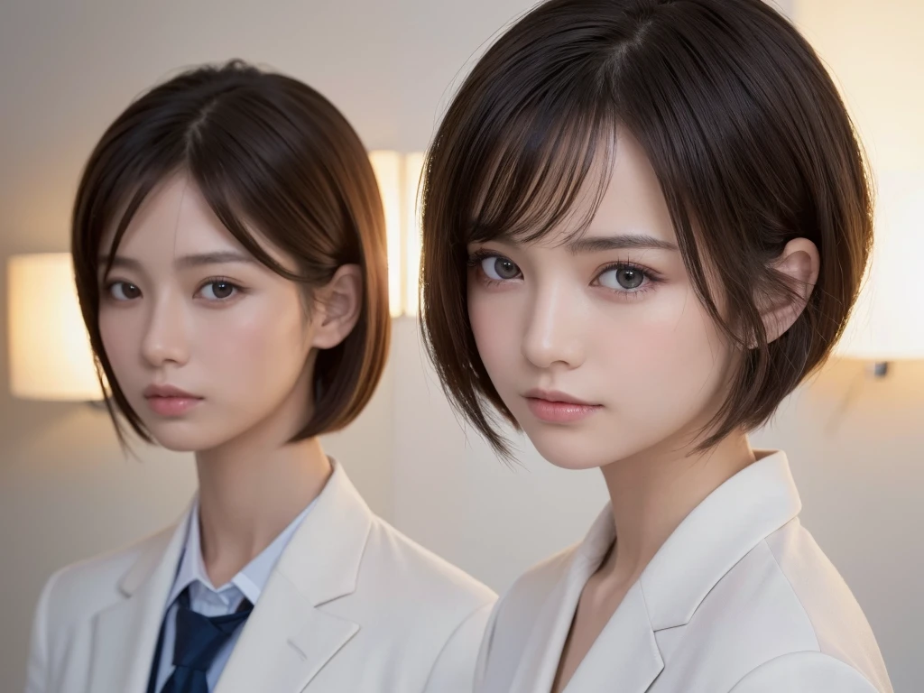 ((Highest quality, 8K, masterpiece :1.3)), 1 Girl, (Medium Short Hair :1.2),Photographed in front of a white wall、Photographed in natural light、Wearing a women's suit、Top view、super Detailed face, Beautiful Eyes,(Highly realistic photos, High resolution, Detailed face, Beautiful Eyes)、Japanese women, Age 25, A variety of expressions, alone:1, Various Hair Styles, Only one person in the photo、Photographed in natural light、Don't look at the camera、profile、Dark brown hair color