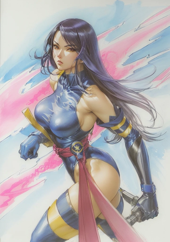 a drawing of a woman in a blue and yellow outfit, psylocke, portrait of a female anime hero, inspired by Masamune Shirow, inspired by Kameda Bōsai, full color drawing, portrait ninja gaiden girl, high quality colored sketch, inspired by Rob Liefeld, drawn in the style of artgerm, manga painting