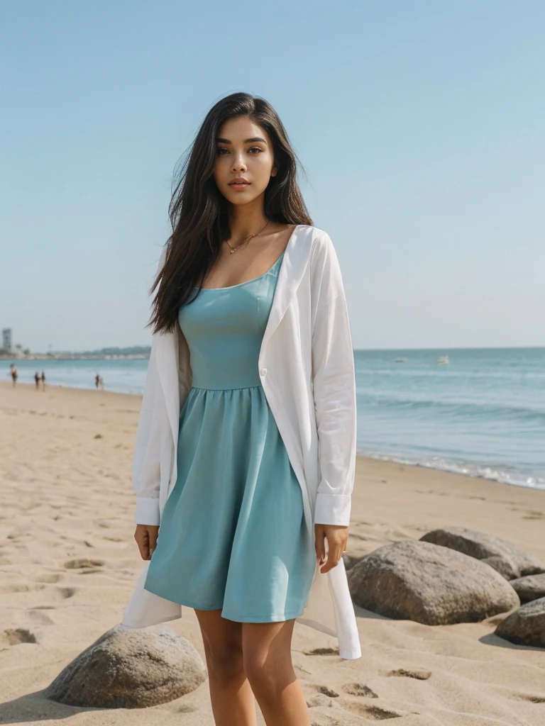 Madison Beer, her name is Jamila, high quality, 1girl, ((20-year-old fit black woman)), ((25 years old)), ((slim)), long hair, pose: standing, wearing modest dress fashionable Generation-Z modern wear ((different colored)), BACKGROUND: outside: beach cafe