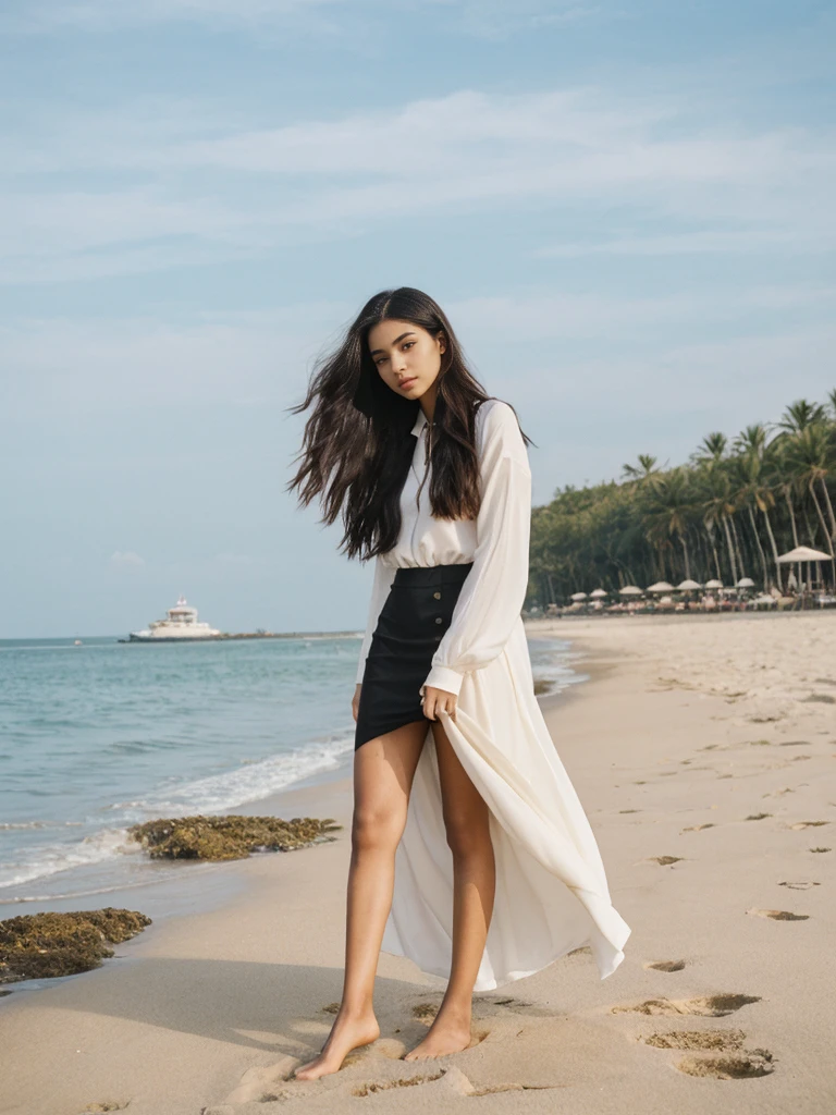 Madison Beer, her name is Jamila, high quality, 1girl, ((20-year-old fit black woman)), ((25 years old)), ((slim)), long hair, pose: standing, wearing modest dress fashionable Generation-Z modern wear ((different colored)), BACKGROUND: outside: beach cafe