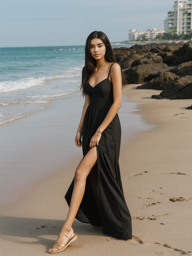 Madison Beer, her name is Jamila, high quality, 1girl, ((20-year-old fit black woman)), ((25 years old)), ((slim)), long hair, pose: standing, wearing unique dress fashionable Generation-Z modern wear ((different colored)), BACKGROUND: outside: beach cafe