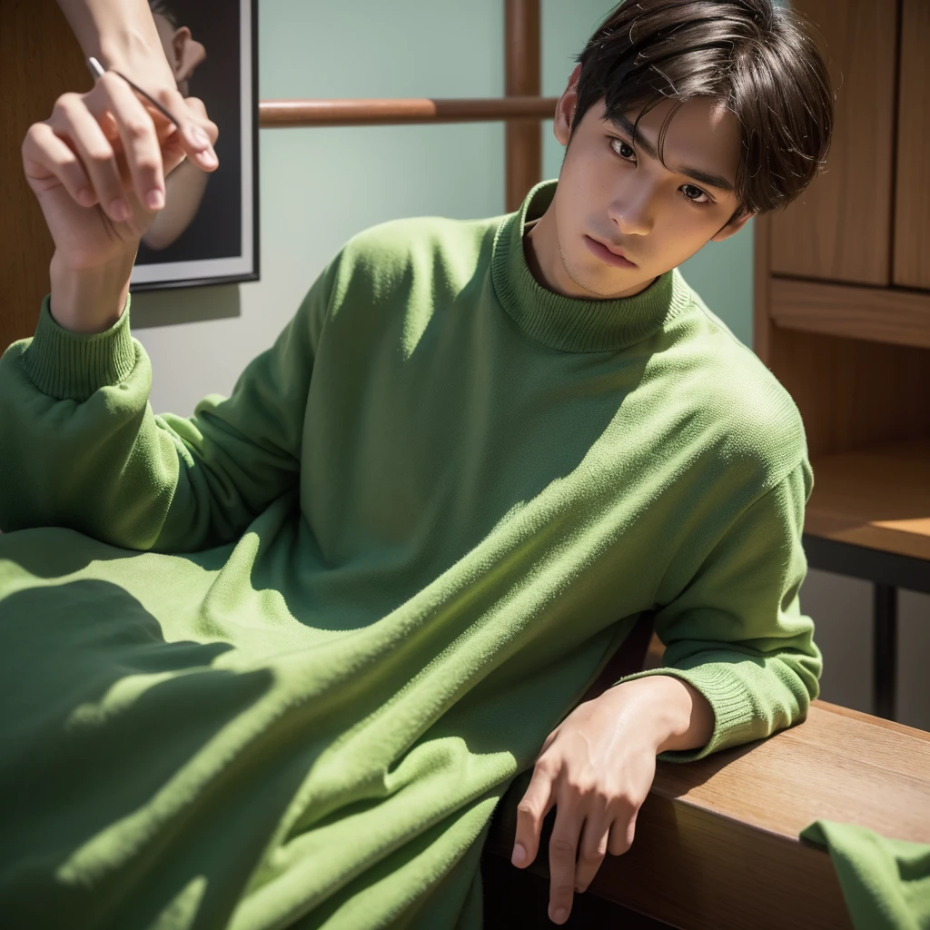 Create an image depicting a young man dressed in green clothing who exhibits excessive concern and consideration in his everyday life. Show him in various daily situations where he demonstrates heightened attentiveness and care towards others. Capture realistic expressions and gestures that convey his thoughtful and empathetic nature. Set the scenes in typical daily environments to emphasize the relatability and realism of his actions. Ensure the composition portrays his genuine kindness and attentive demeanor convincingly.