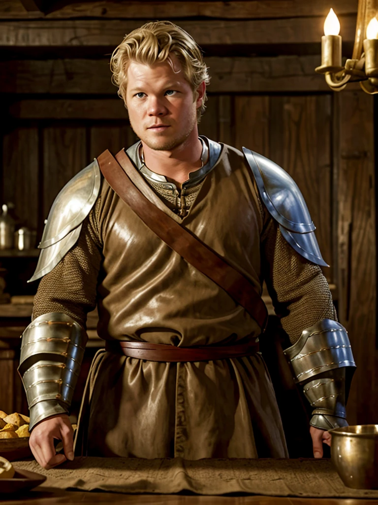 Christopher Egan as a handsome medieval knight sits at a table in a tavern, in front of him is a fat, obsequious innkeeper