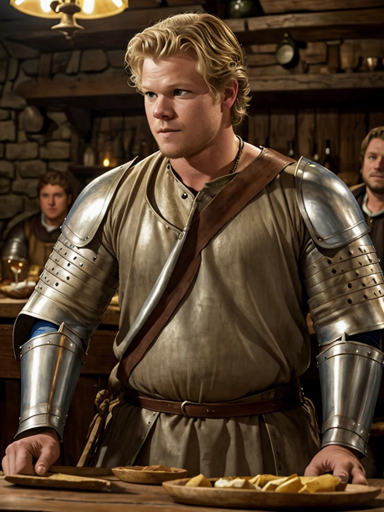 Christopher Egan as a handsome medieval knight sits at a table in a tavern, in front of him is a fat, obsequious innkeeper