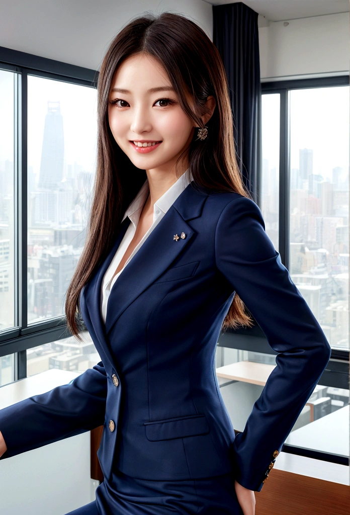 The face of a hostess、Dress code: high quality navy blue business suit、Surreal、healthy、Smiling face、Slim and perfect figure、Japanese Beauty、Beautiful Eyes、Perfect Face、Beautiful Skin、From the side、Background is an office on a high floor、By the window
