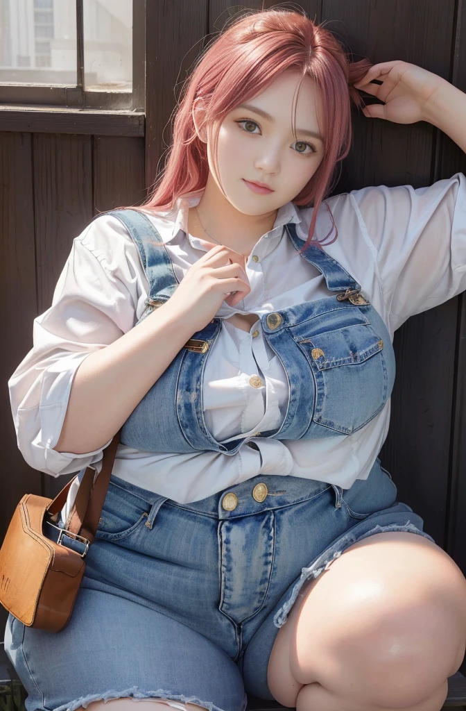 Makima de l'anime "chainsaw man", bbwchan, corps entier, magnifique et ultra détaillée. Ssbbw, obésité morbide, Cheveux rouges, yeux jaunes, visage gras, visage ultra détaillé et doux. Chemise, jupe en jean, pose dynamique, soleil,