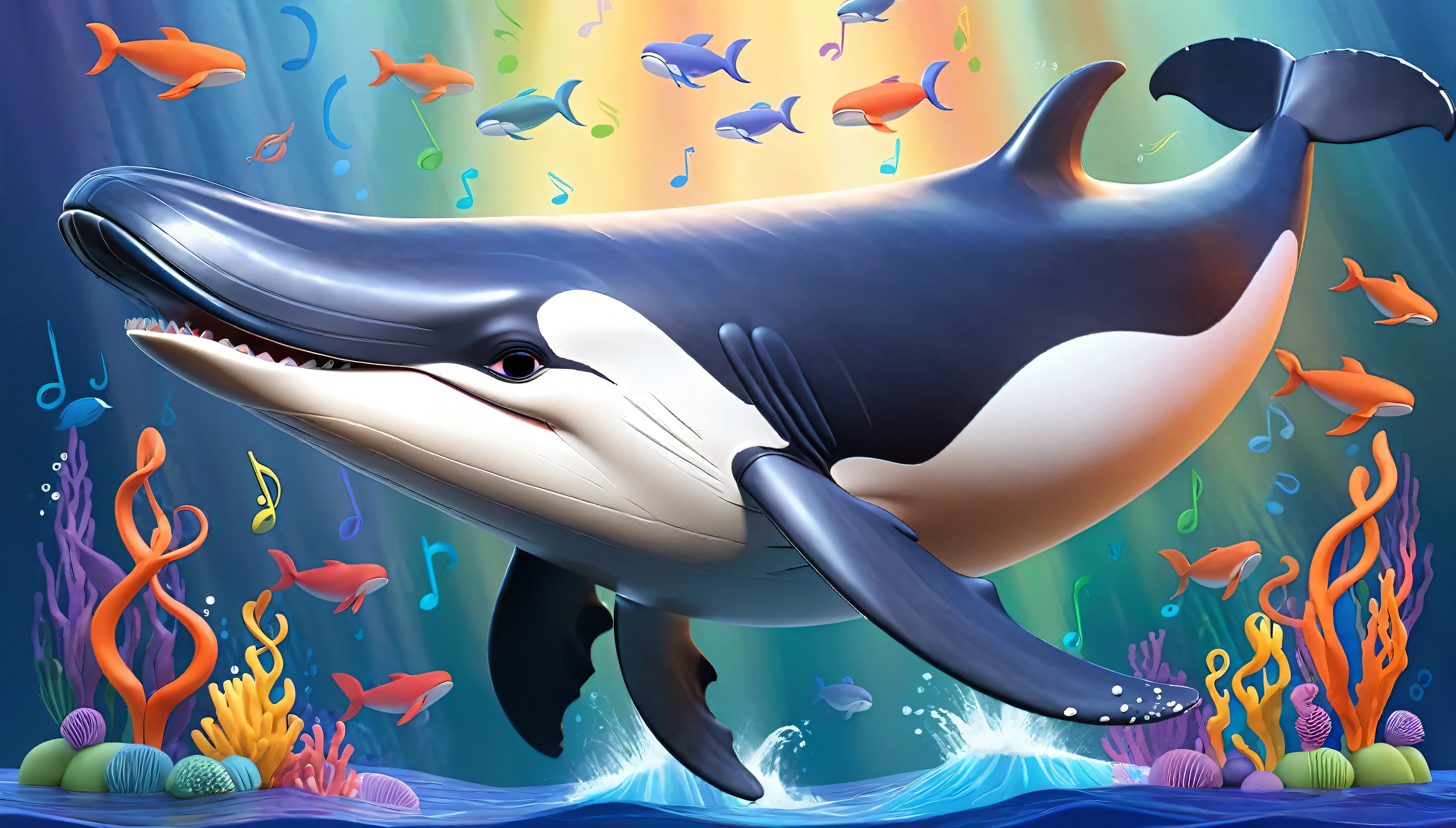 Create a 3-D Pixar style art scene for kids featuring a humpback whale singing with musical notes coming out of its blowhole. The scene should be colorful and vibrant, with an ocean background, coral reefs, and schools of fish. The overall mood should be lively and inviting for young children.