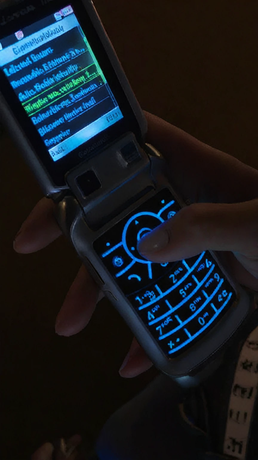close-up photo of a woman, holding a cell phone 2004, cell phone with pink LEDs , written on the screen " call blas "