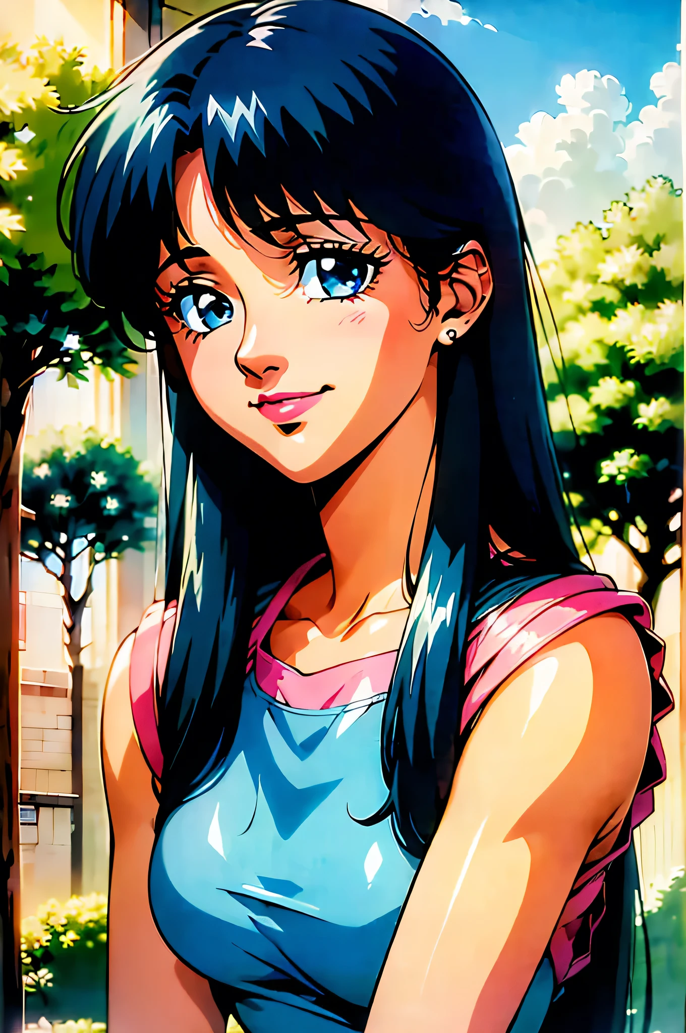 (((masterpiece ,best quality, realistic highest quality anime retro)))Zooey deschanel, blue dress, top wo nerae!, 1girl, solo, blue long hair, looking at viewer, smile, bangs,light blue eyes, shirt, closed mouth, blue hair, outdoors, sky, day, cloud, tree, blue sky, lips, parted bangs, eyelashes, makeup, light smile, lipstick, portrait, close-up, ((retro best quality, hyper realistic highest quality artstyle)), 1980s (style)