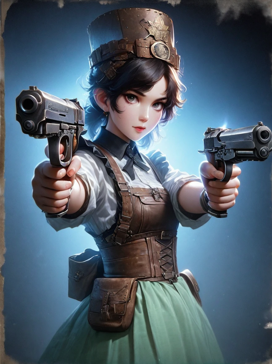 Realistic portrait of Soviet maid in old photo studio, maid outfit, Holding a gun in the right hand，gun pointed at you，dark light, heavy atmosphere, skirt in pastel colors, light skin face, Rembrandt, andrea kochi style，bruce munro style , Character concept design, 