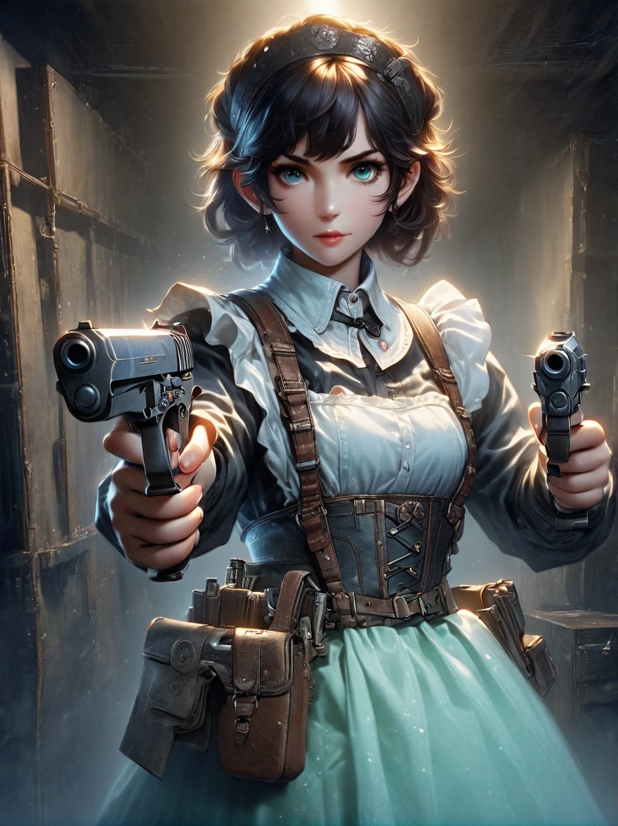 Realistic portrait of Soviet maid in old photo studio, maid outfit, Holding a gun in the right hand，gun pointed at you，dark light, heavy atmosphere, skirt in pastel colors, light skin face, Rembrandt, andrea kochi style，bruce munro style , Character concept design, 