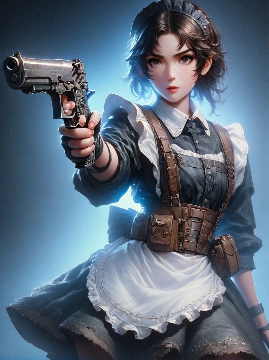 Realistic portrait of Soviet maid in old photo studio, maid outfit, Holding a gun in the right hand，gun pointed at you，dark light, heavy atmosphere, skirt in pastel colors, light skin face, Rembrandt, andrea kochi style，bruce munro style , Character concept design, 