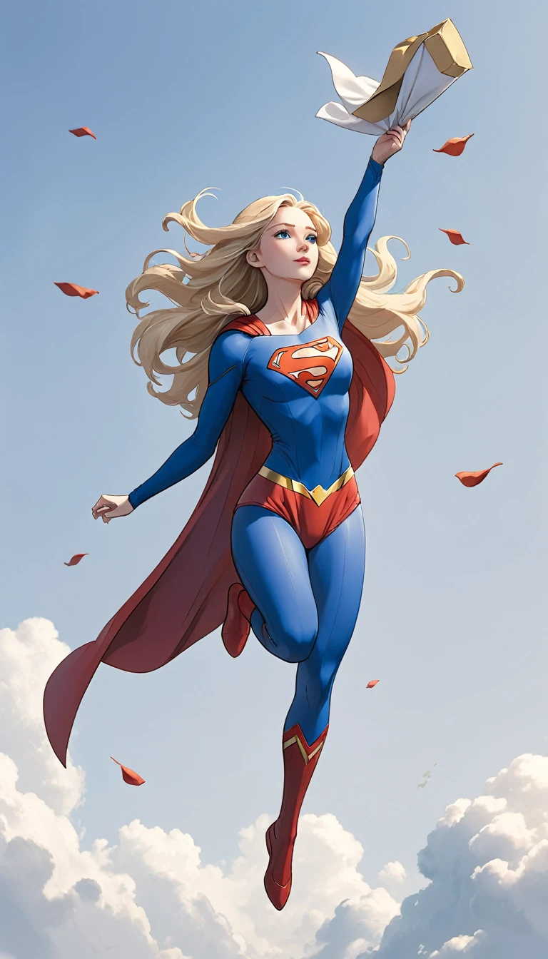 monochromatic、22 years old、woman、Moderate bust、Simple Background、solo、slender、1 person、Superpowers、Small parts floating in the air、Blonde、Long Hair、Floating in the air、Supergirl
