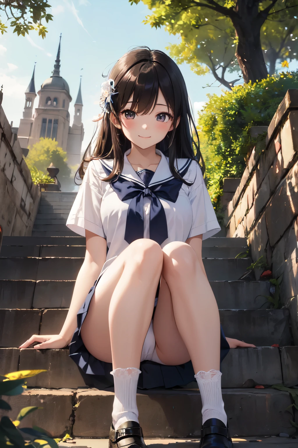 very cute and beautiful girl,(Very detailed美しい顔), (smile),blush,Black Hair,Seraphim,(White Shirt、Pleated navy blue pread your legs),Sitting、(From below),(Lacy white panties), Stairs in the park、Distant Tree々and the city, (Highest quality,masterpiece:1.0),Absurd,High resolution,Super detailed,Very detailed,32k,8K resolution, Intricate details,Movie Scenes,Detailed Background,alone,Dynamic Angle,