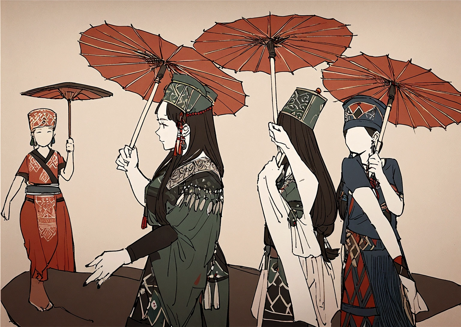 Four girls，Jingpo costumes，Inspired by the Jingpo people, Gorgeous silver jewelry, Ethnic motifs