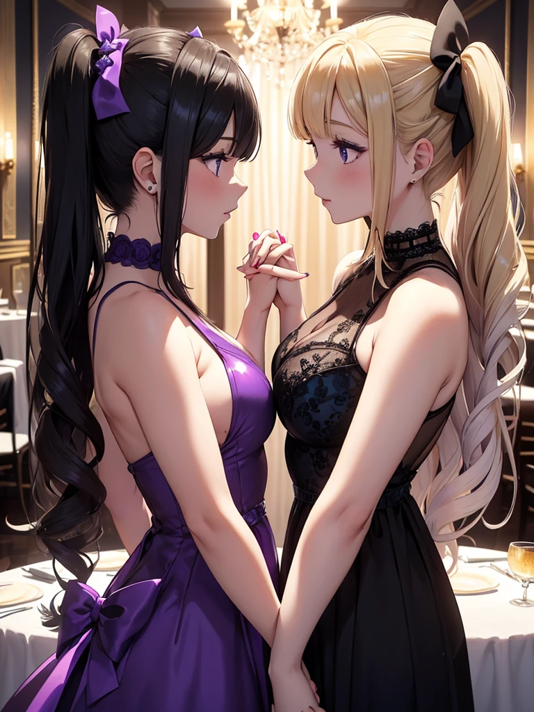 Two adult girls, one is blonde with two pigtails of purple bows, She wears a shiny purple gala dress with decorations and diamonds, Her eyes are blue and she is next to another girl with black hair., loose hip length hair, black eyes and bright and stunning blue gala dress, They are at an expensive dinner tonight, holding hands in a romantic atmosphere 