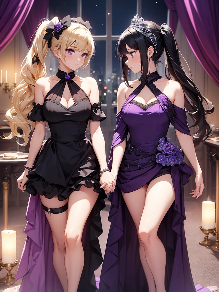 Two adult girls, one is blonde with two pigtails of purple bows, She wears a shiny purple gala dress with decorations and diamonds, Her eyes are blue and she is next to another girl with black hair., loose hip length hair, black eyes and bright and stunning blue gala dress, They are at an expensive dinner tonight, holding hands in a romantic atmosphere