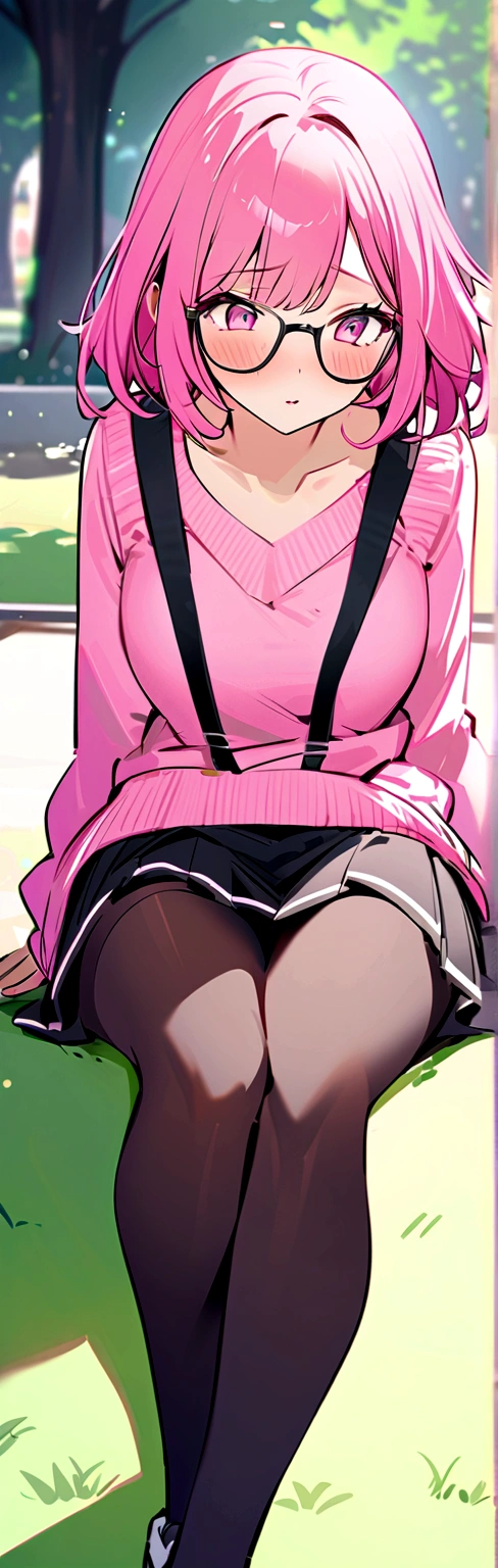 pink hair, black glasses, pink eyes, extremely blushing, a large pink sweater, a short black skirt with suspenders, some running around the waist, black stockings, white tennis shoes, that she is a reserved girl, that she is sitting in a park, that she is pouting.