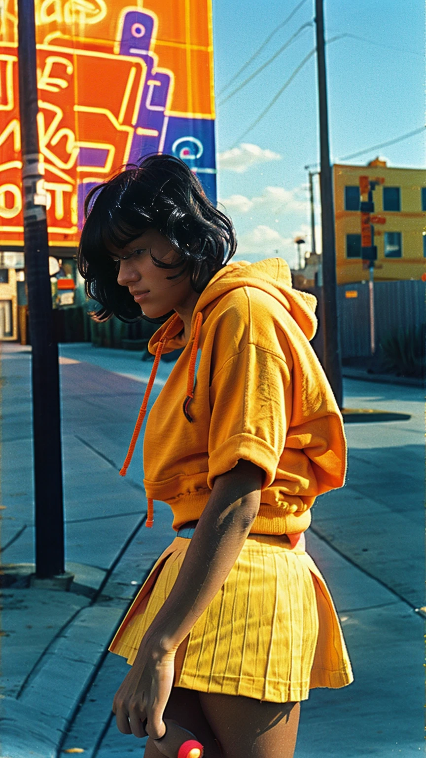 long shot portrait of cute 23 yo girl ,wear ((color orange oversized_hoodie no sleeve)), wear ((purple tennis skirt)),looking front,Best Quality,Masterpiece,Ultra High Resolution,(Realisticity:1.4),Original Photo, 1Girl, light leak,ultra high resolution,UHD,beautiful, (black bob hair), almond eye, no makeup, in front of (80's mondrian architecture motel), (realistic:1.2), (surreal:1.3), (very detailed:1.1), ((masterpiece)),summer, blue sky, palm trees,sunny, los angles vibes,film camera, 800mm lens,style of Philip Lorca diCorcia