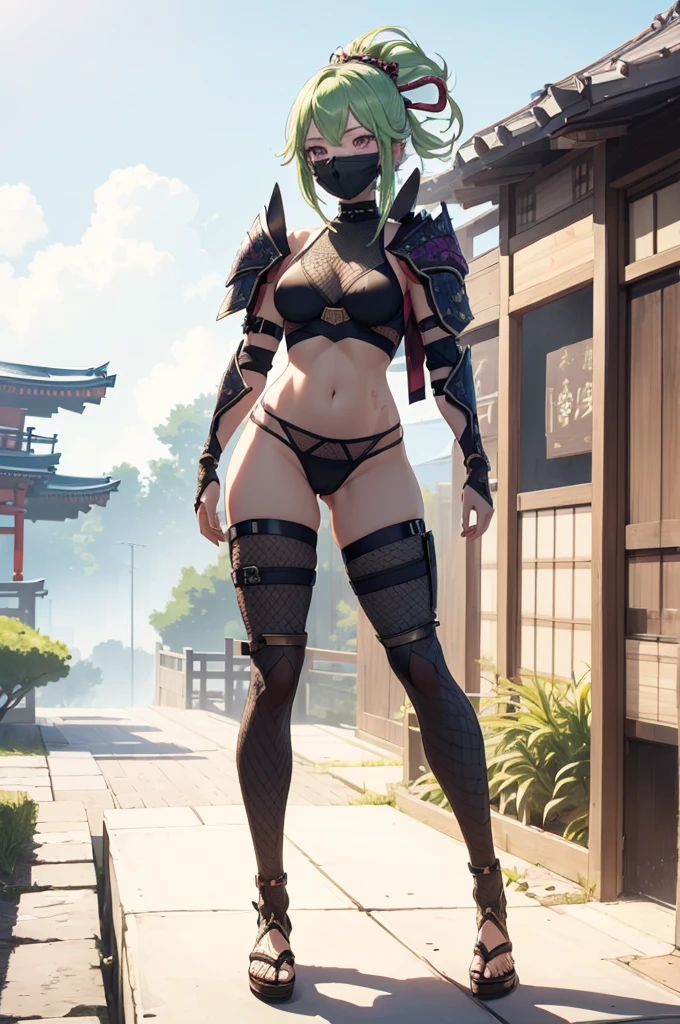 ((1girl, solo)), (((cowboy shot))), (legs apart:1.5), standing, beautiful body, (perfect anatomy, perfect body, perfect hands, perfect legs), natural proportions, y body, (large bre5), (full body, full-body shot, full body front:1.5) BREAK
((extremely detailed face)), (beautiful detailed eyes:1.6), (realistic pupils, realistic iris:1), expressive eyes, looking at viewer, (clear eyes:1.3), (hyperrealistic:1.2), (detailed skin texture:1.2), smooth skin, kuki shinobu, purple eyes, green hair, ((mouth mask)), perfect face, perfect eyes BREAK
ninja, (fishnet top:1.5), (crop top:1.5), cleavage, jacket:1.5), (shoulder armor:1.5), (arm guard:1.5), partially fingerless gloves, midriff, black panties, ((black ths)), (((greaves))), sandals, (revealing clothes:1.5), (japanese armor:1.5), (samurai armor), (highleg panty straps:1.4), tasselghs, ass visible through thighs BRE
outdoor, day, japanese building, east asian architecture BREAK
(masterpiece:1.5), anime-style, top quality, best quality, (beautiful and aesthetic:1.2), (ultra detail:1.5), Ultra-detailed depiction, Ultra-precise depiction, extremely detailed 8k illustration, high resolution, (highly detailed shading:1.2), (realistic lighting:1.4), perfect lighting, vibrant colors, dynamic tones, striking hues, 8k, absurd resolution, perfect shadows, hdr, UHD, ambient lighting, realistic, ultra-realistic, photo realistic, highly detailed, rich detail, luminous colors, fine texture, intricate design, professional illustration, (soft light:1.2), (illustration:0.7)