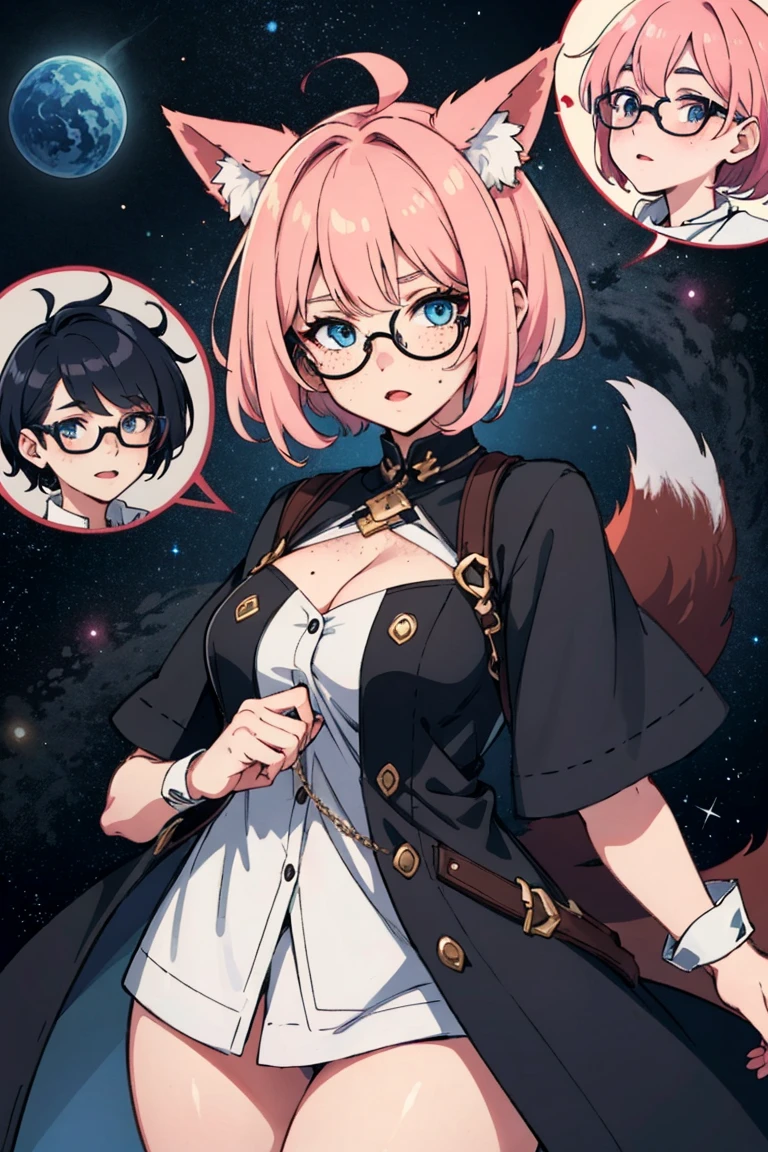 short beautiful young adult women, fox girl, chubby, plus size, tan skin, blue eyes, freckles all over body, short pixie cut hair, messy hair, pink hair, big round glasses, celestial witch, space,